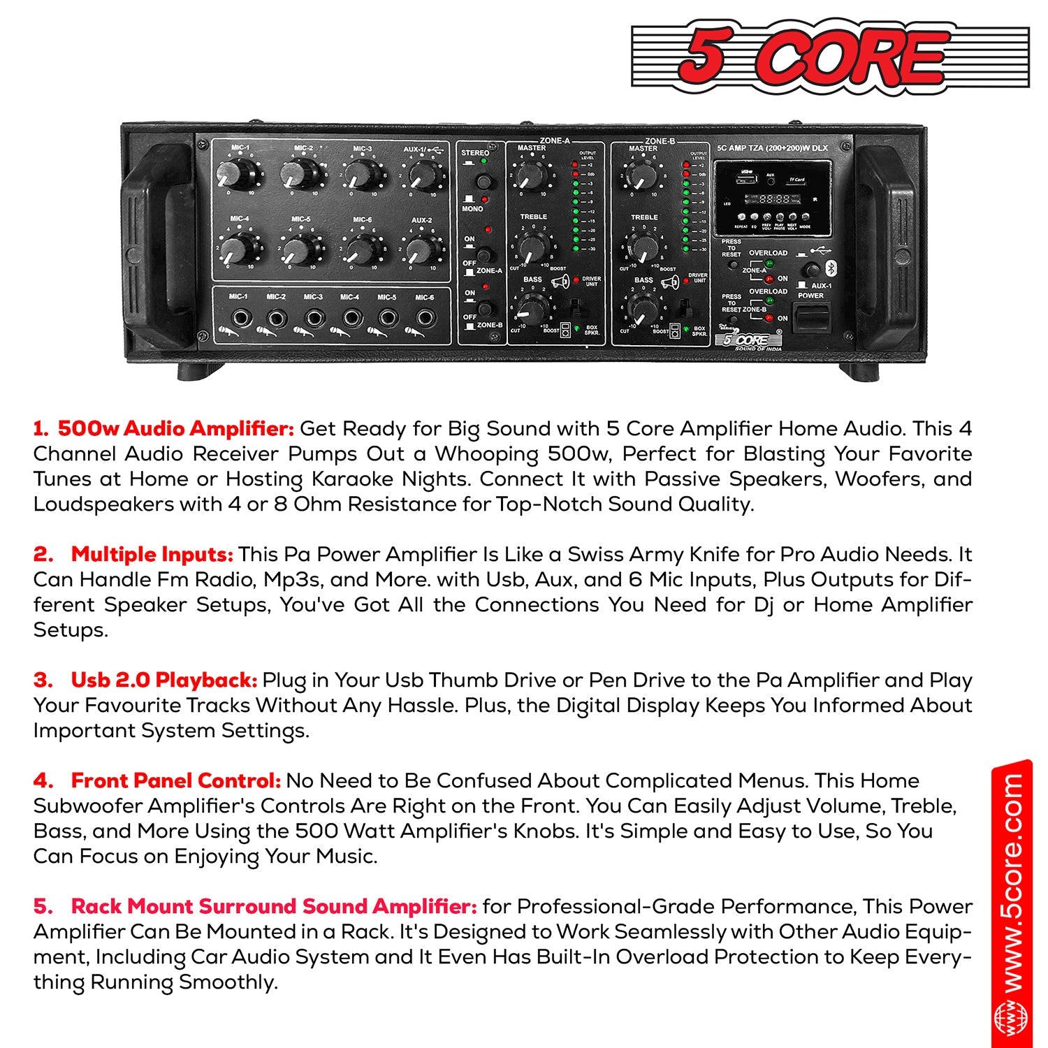5Core Amp 500W Amplifier Home Audio PA Bass DJ Stereo Receiver Rack Mount Passive Speaker Amplificador-2