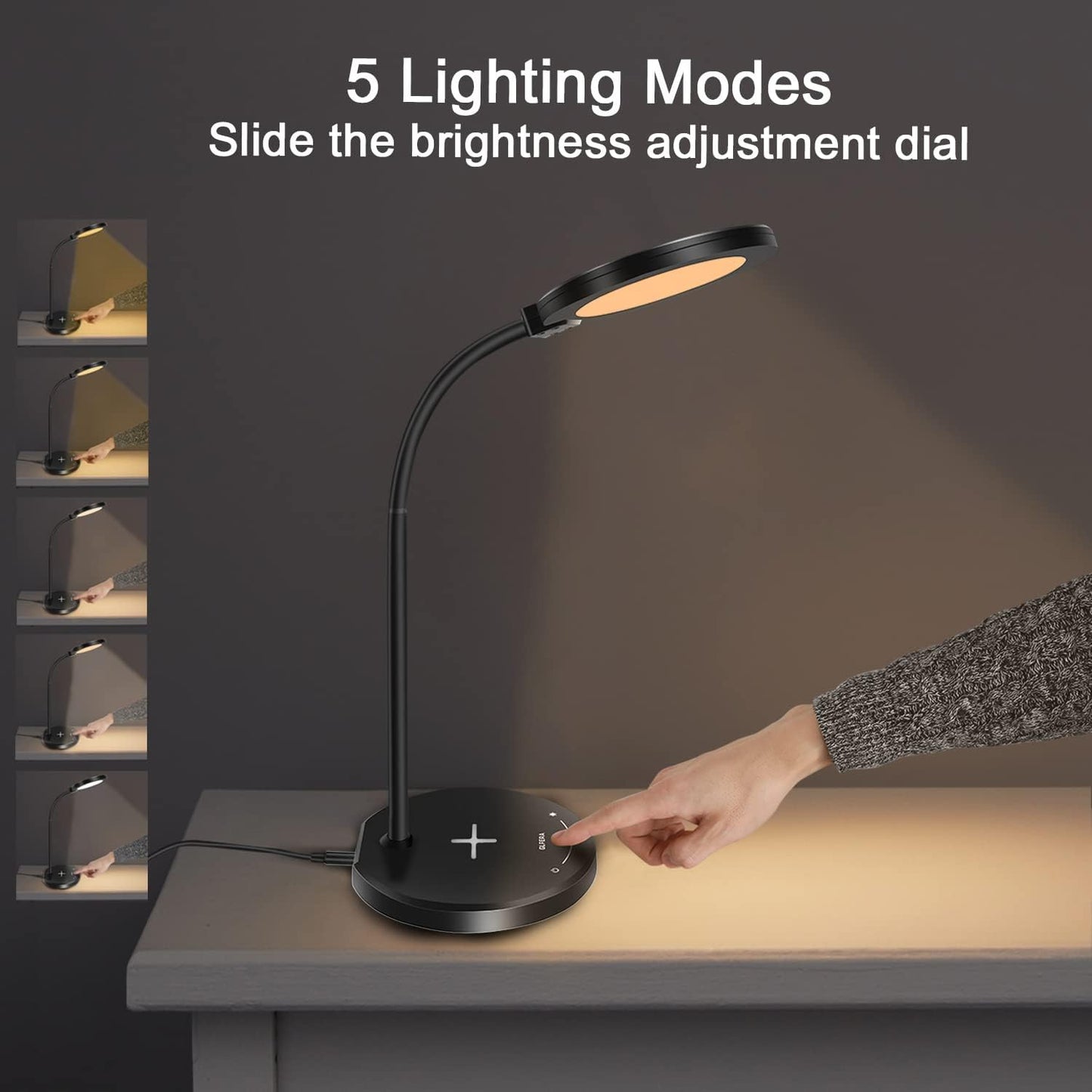 Desk Lamp, LED Desk Lamp with USB Charging Port, 5 Lighting Modes 10 Brightness Levels, Sensitive Control Eye-Caring Office Lamp Black