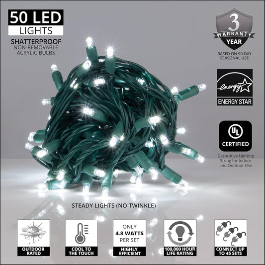 5Mm LED Wide Angle Cool White Prelamped Light Set, Green Wire - 50 5Mm Cool White LED Christmas Lights, 6" Spacing