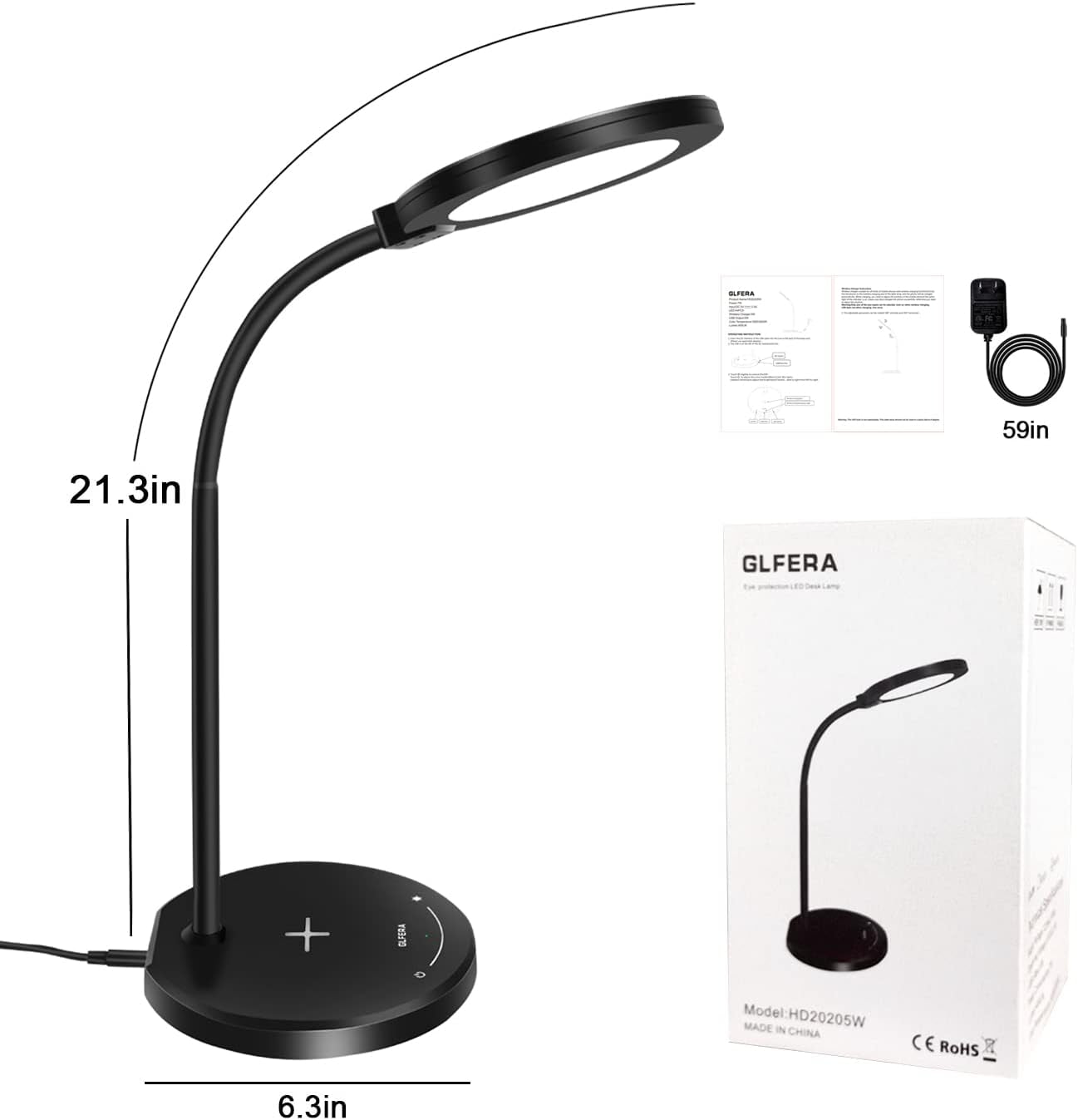 Desk Lamp, LED Desk Lamp with USB Charging Port, 5 Lighting Modes 10 Brightness Levels, Sensitive Control Eye-Caring Office Lamp Black