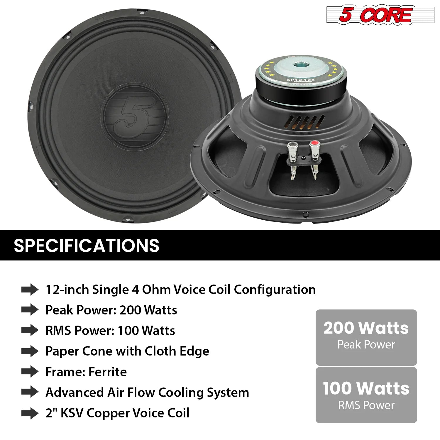 5 Core 12 Inch Speaker 200W Car Loudspeaker 4 Ohm Replacement Driver W 30 Oz Y30 Magnet for Vehicle