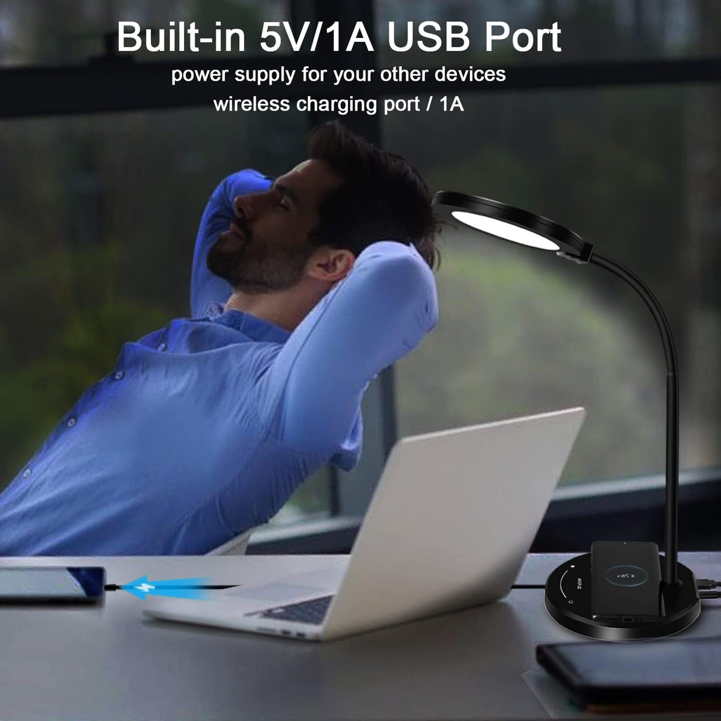 Desk Lamp, LED Desk Lamp with USB Charging Port, 5 Lighting Modes 10 Brightness Levels, Sensitive Control Eye-Caring Office Lamp Black