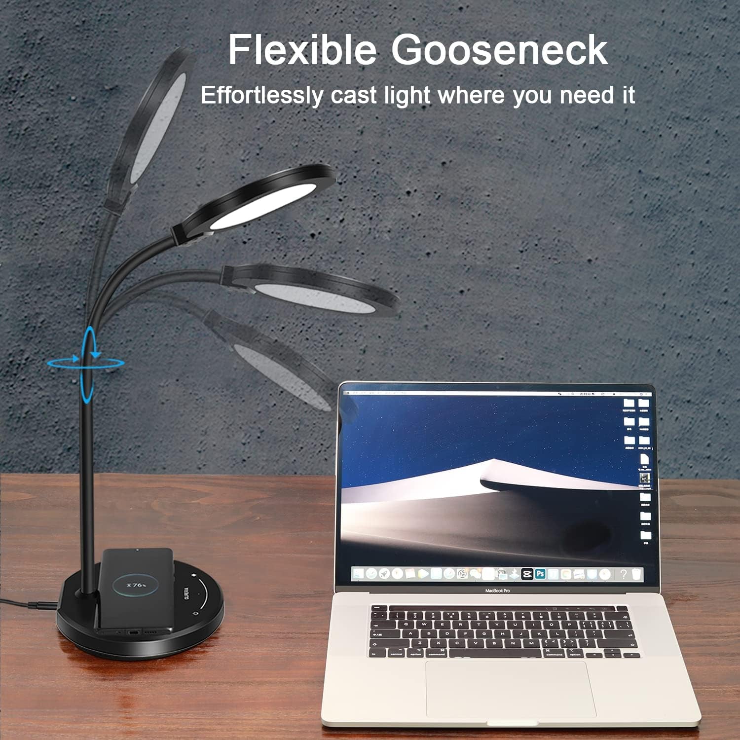 Desk Lamp, LED Desk Lamp with USB Charging Port, 5 Lighting Modes 10 Brightness Levels, Sensitive Control Eye-Caring Office Lamp Black