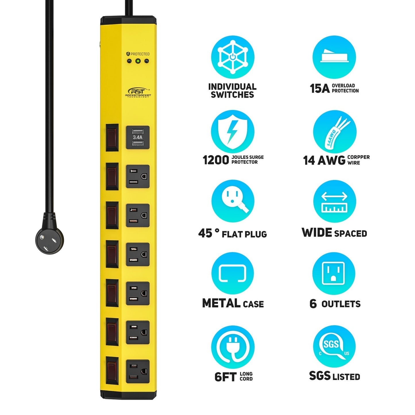 CRST 6 Outlets Dural USB Individual Switches Metal Power Strip Surge Protector, 6FT Flat Plug Power Cord-3