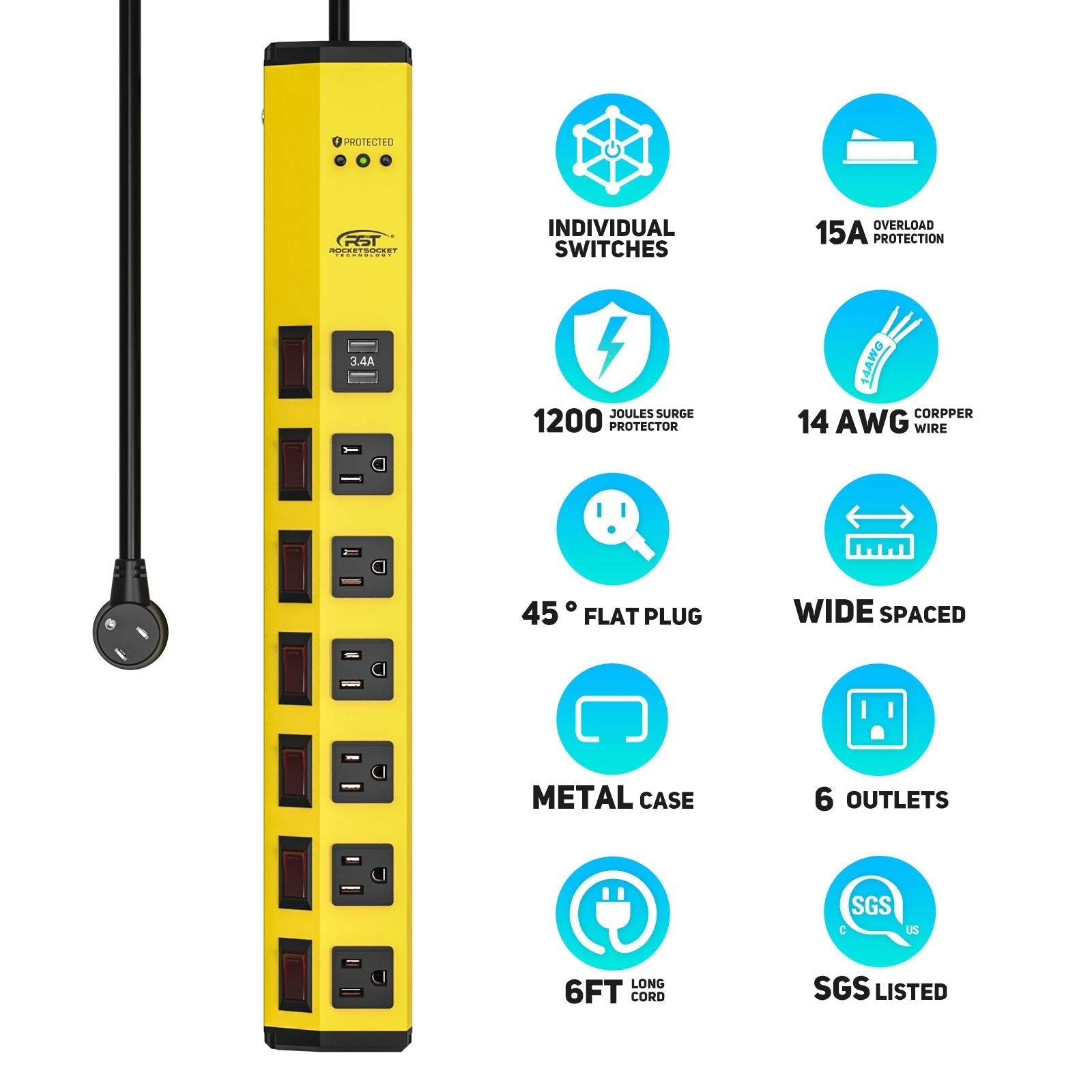 CRST 6 Outlets Dural USB Individual Switches Metal Power Strip Surge Protector, 6FT Flat Plug Power Cord-3