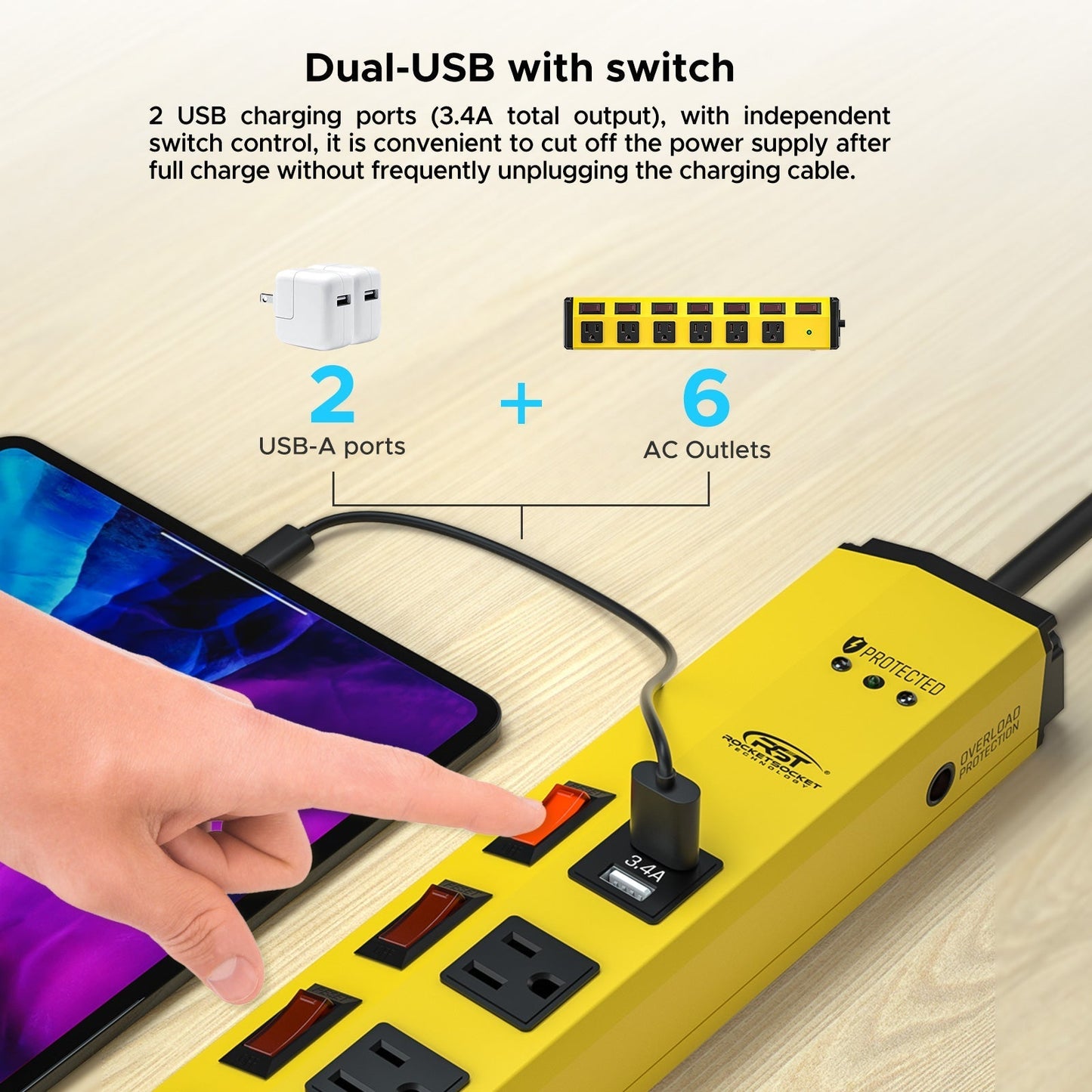 CRST 6 Outlets Dural USB Individual Switches Metal Power Strip Surge Protector, 6FT Flat Plug Power Cord-2