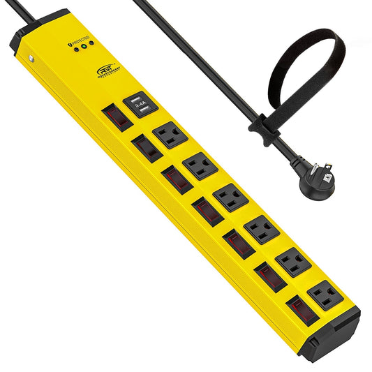 CRST 6 Outlets Dural USB Individual Switches Metal Power Strip Surge Protector, 6FT Flat Plug Power Cord-0